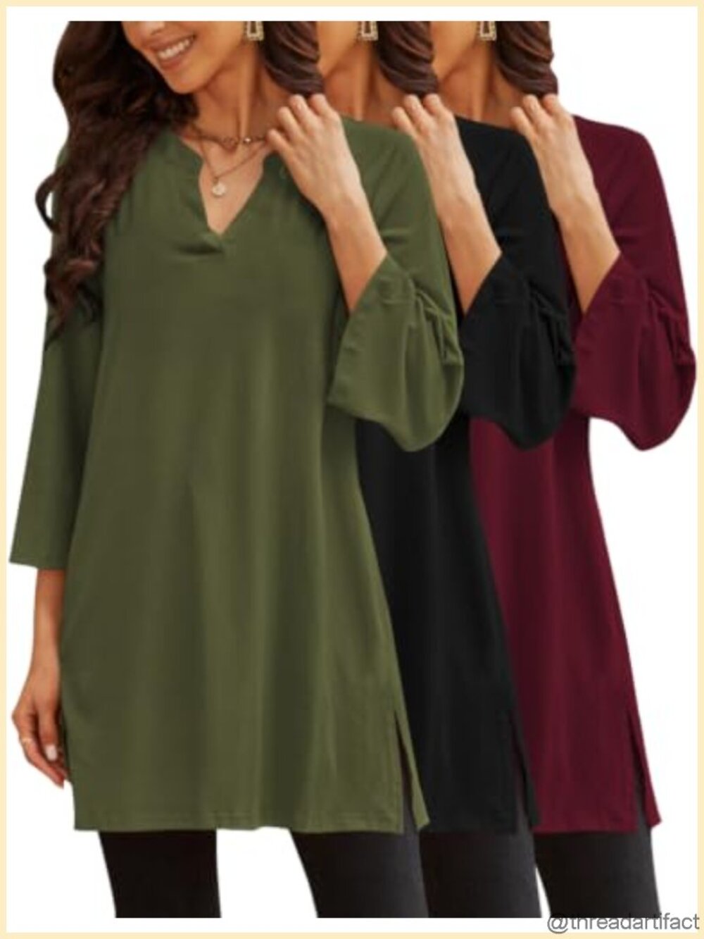 3 Pack Womens 3/4 Sleeve Tunic Tops Side Slit Loose Fit Blouses